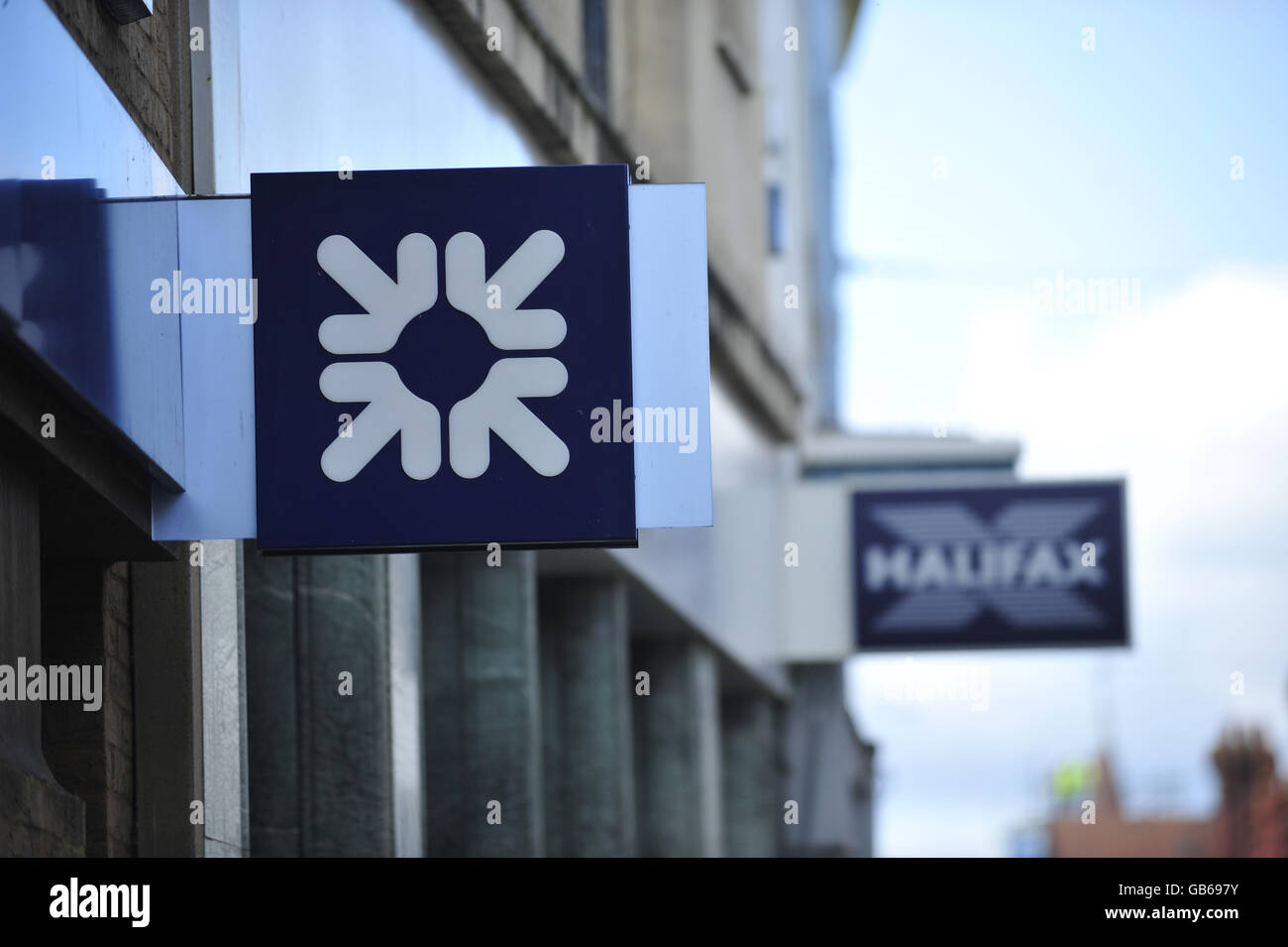 Royal Bank of Scotland sign. A Royal Bank of Scotland sign with the Halifax bank sign featured in the background. Stock Photo
