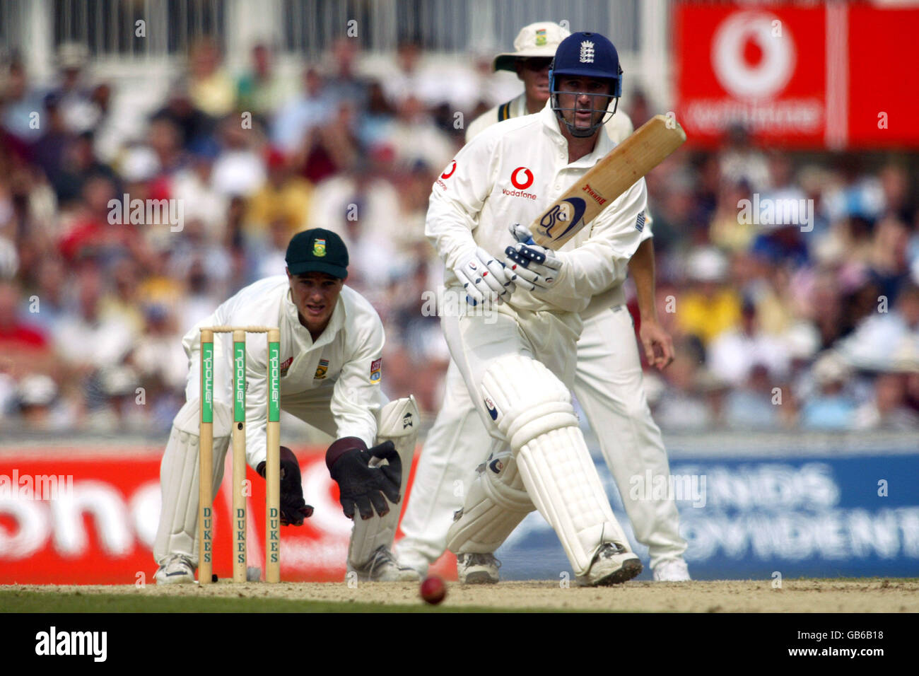 England's Graham Thorpe knocks the ball into the outfield to score his century Stock Photo