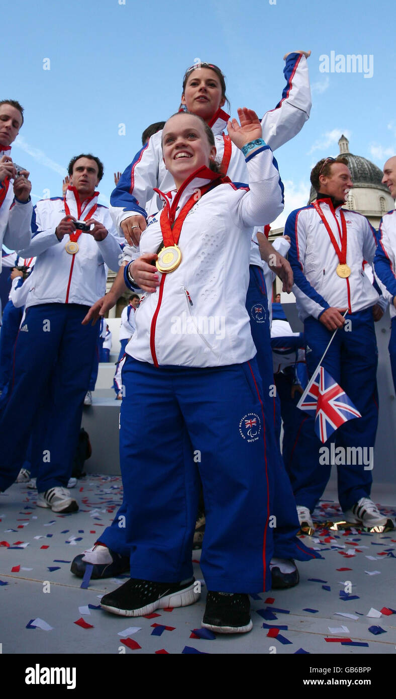 Liz Johnson and Eleanor Simmonds during the Team GB Olympic Parade at Trafalgar Square in London. Stock Photo