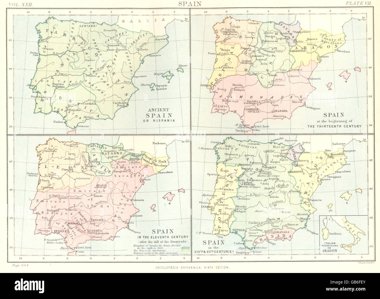 SPAIN: Hispania; 1200 11C 14C 15C; Italian Possessions of Aragon., 1898 map Stock Photo