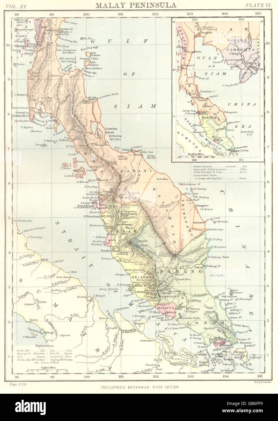 MALAY PENINSULA: Malaysia. States. Singapore; Inset Gulf of Thailand., 1898 map Stock Photo