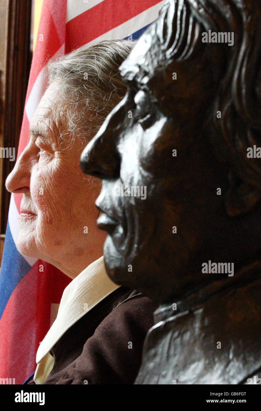 Lord Nelson's Great Great Great Granddaughter Anna Tribe, from Wales, stands next to a life-size bronze bust of Vice Admiral Lord Nelson which was unveiled by the Second Sea Lord, Vice Admiral Alan Massey at the Naval Base in Portsmouth. Stock Photo