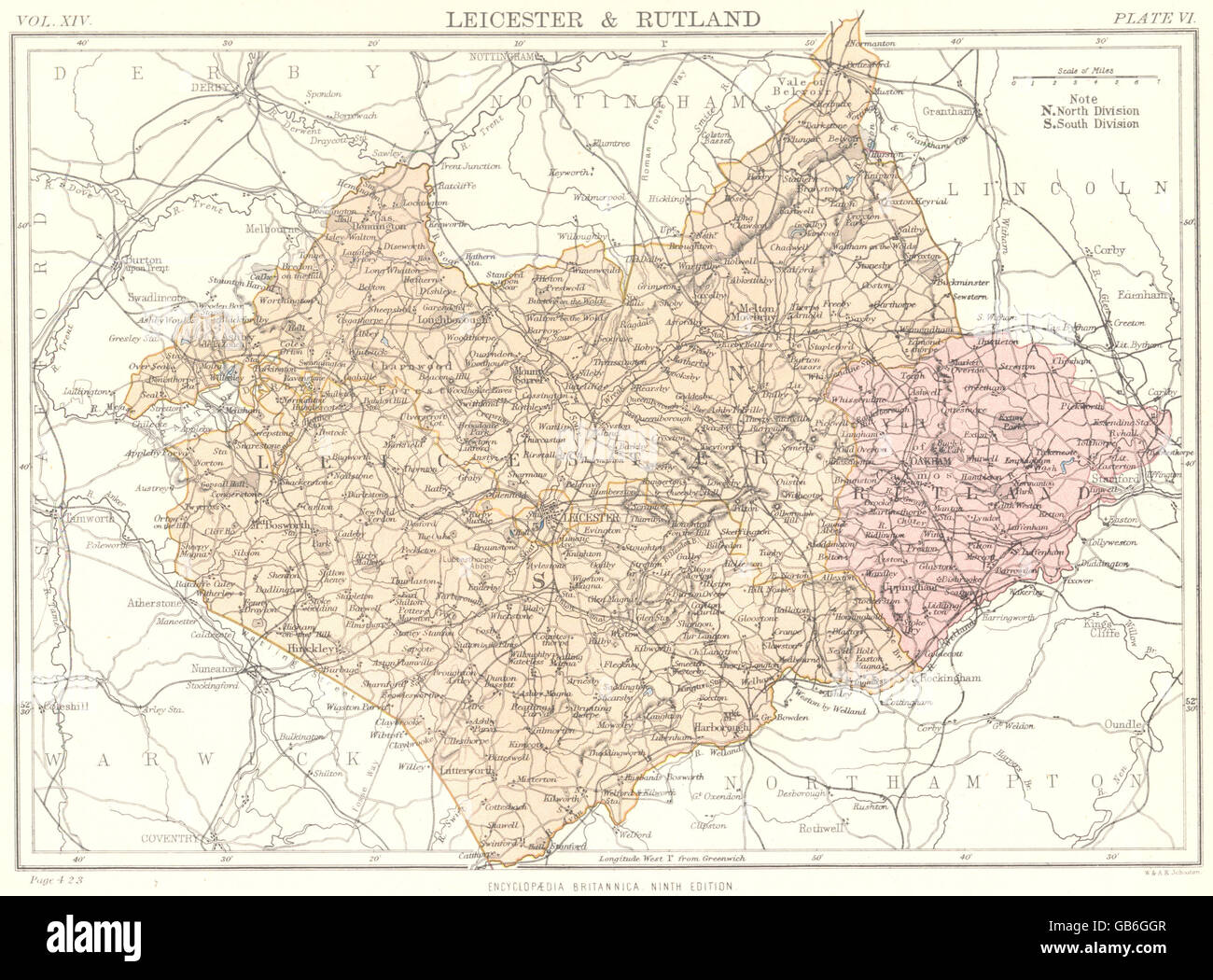 LEICESTERSHIRE & RUTLAND Britannica 9th edition County map, 1898 Stock Photo Alamy