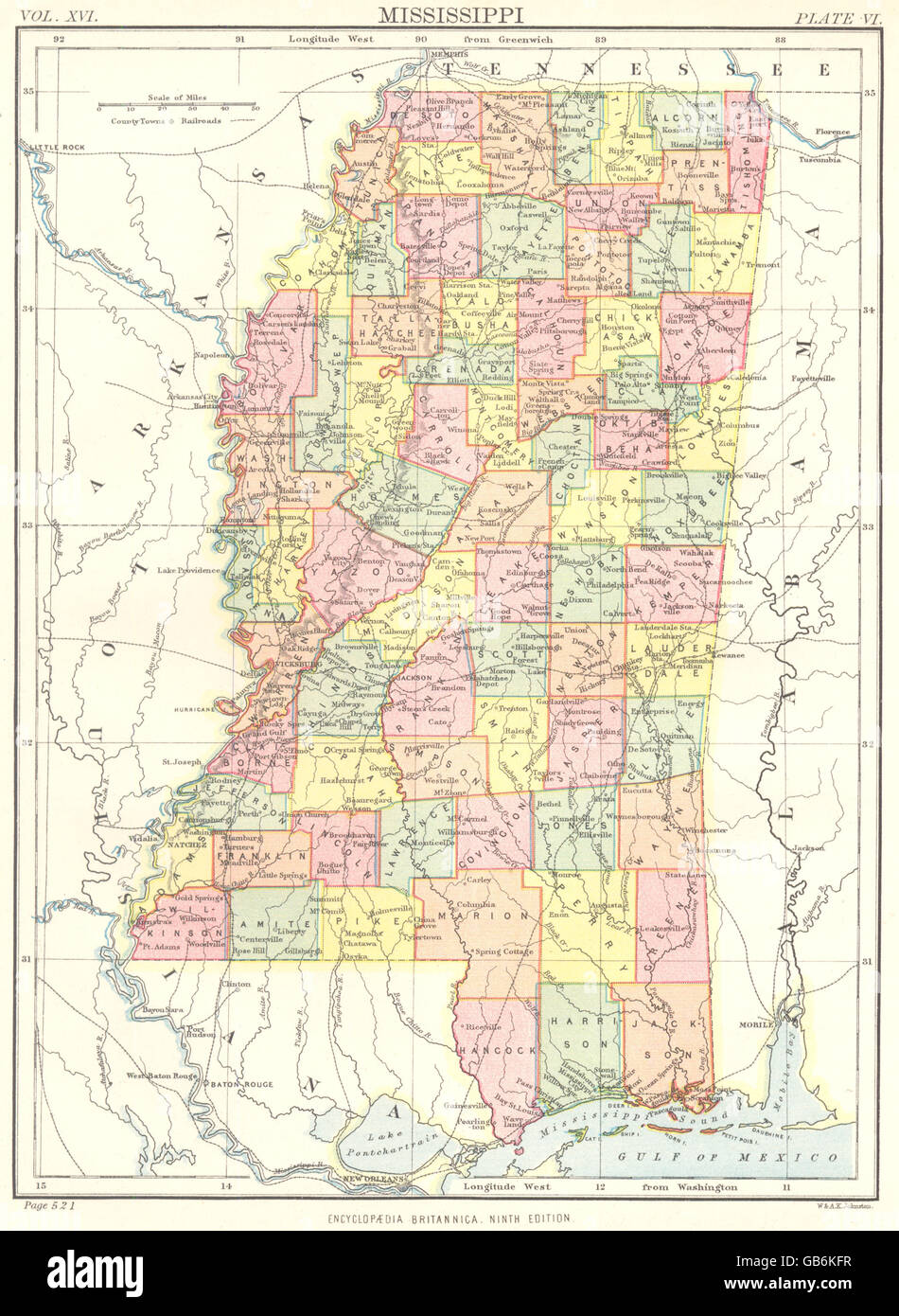 MISSISSIPPI: State map showing counties. Britannica 9th edition, 1898 Stock Photo