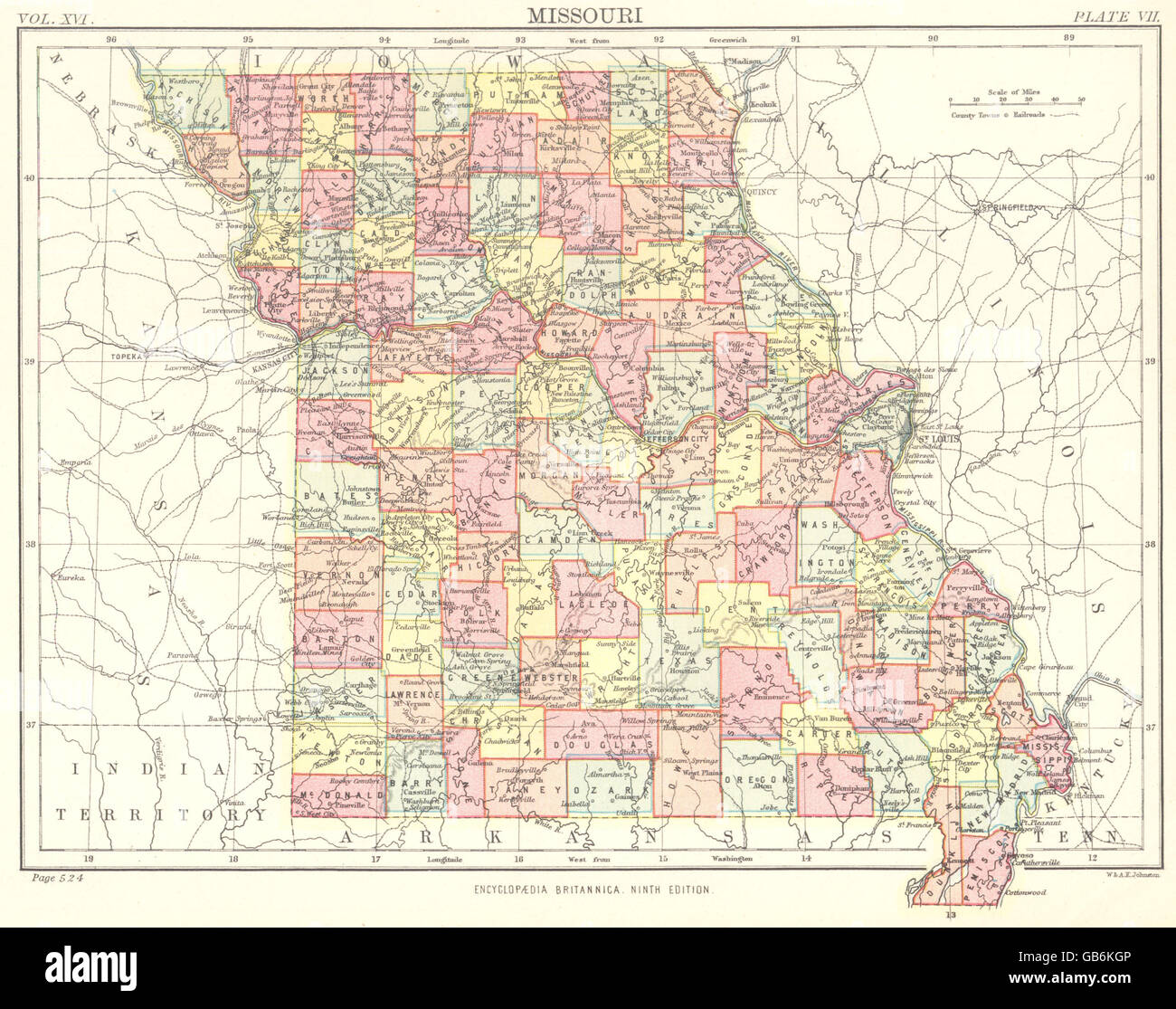 MISSOURI: State map showing counties. Britannica 9th edition, 1898