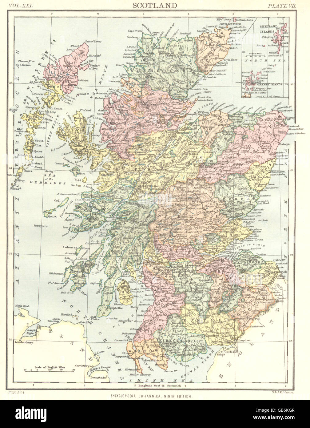 SCOTLAND: Showing counties. Britannica 9th edition, 1898 antique map Stock Photo