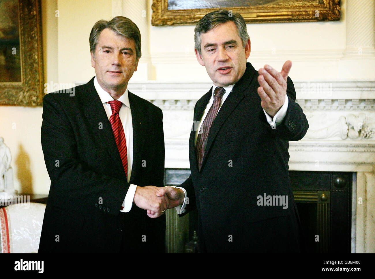 Prime Minister Gordon Brown (right) greets President Viktor Yushchenko of Ukraine in the White room of number ten Downing Street, London. Stock Photo