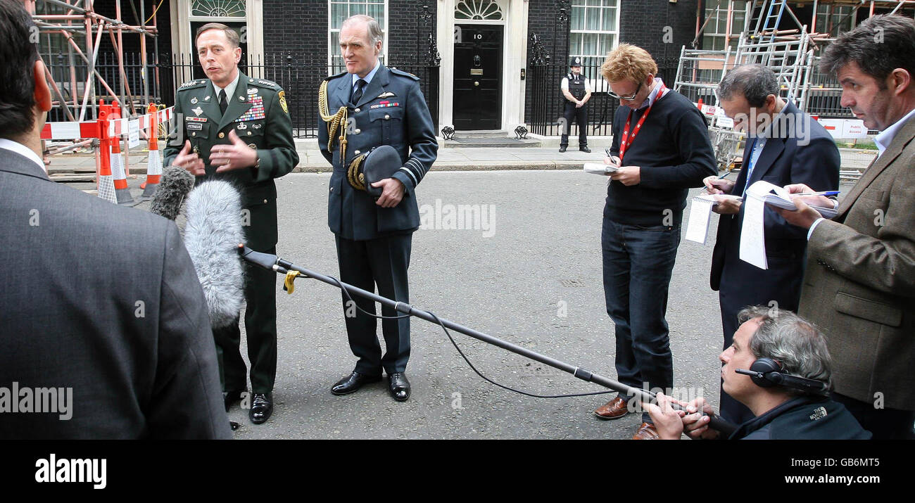 General David Petraeus, left, the top US military commander in Iraq and Air Chief Marshal Sir Jock Stirrup speak to the media after a meeting at No 10 Downing Street to meet Prime Minister Gordon Brown. Stock Photo