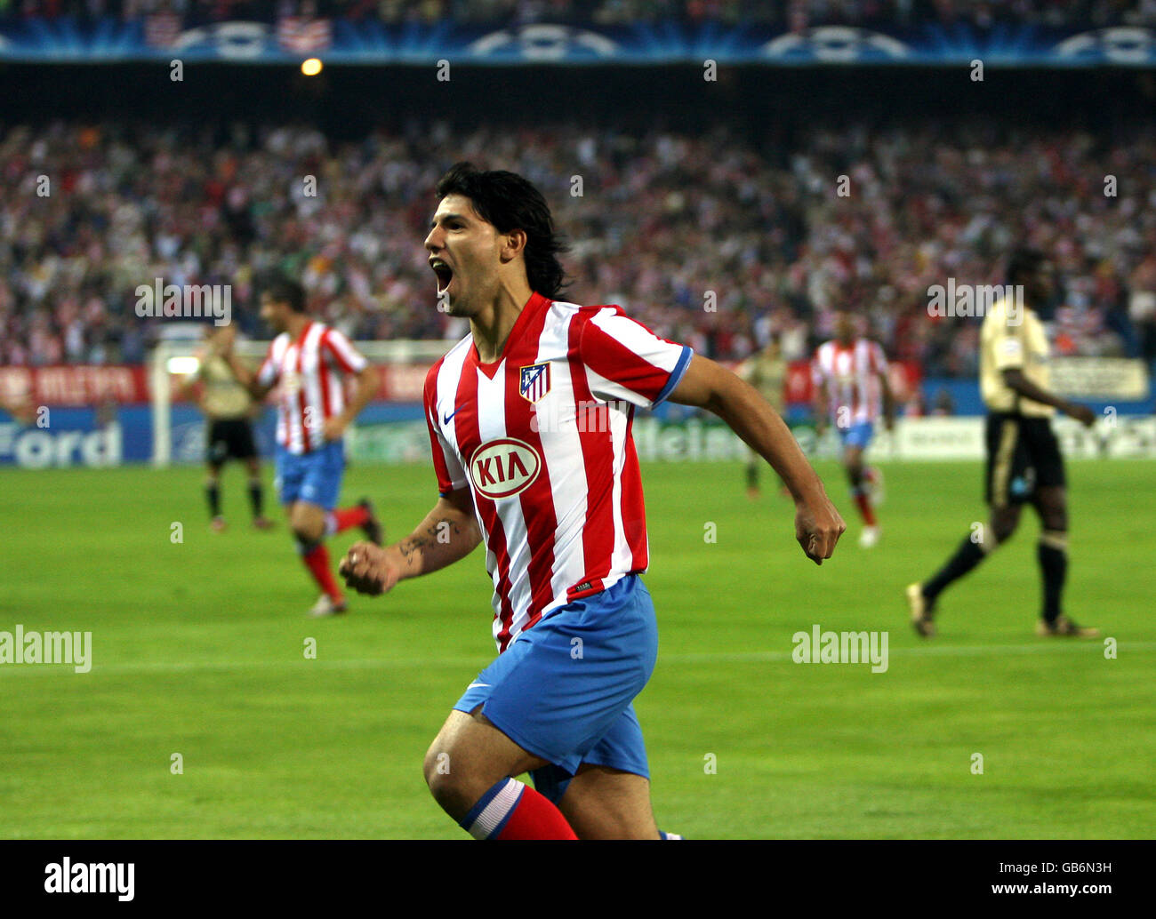 Atletico Madrid's Sergio Aguero celebrates scoring the opening goal of the game Stock Photo
