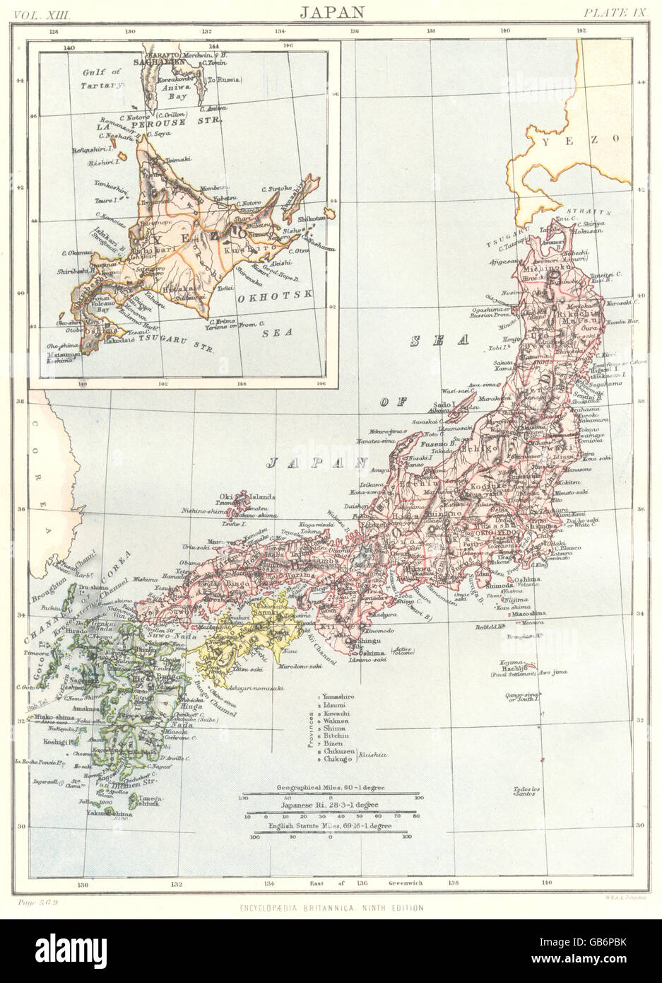 JAPAN: Showing provinces. Inset map of Yezo Okhotsk Sea. Britannica, 1898 Stock Photo