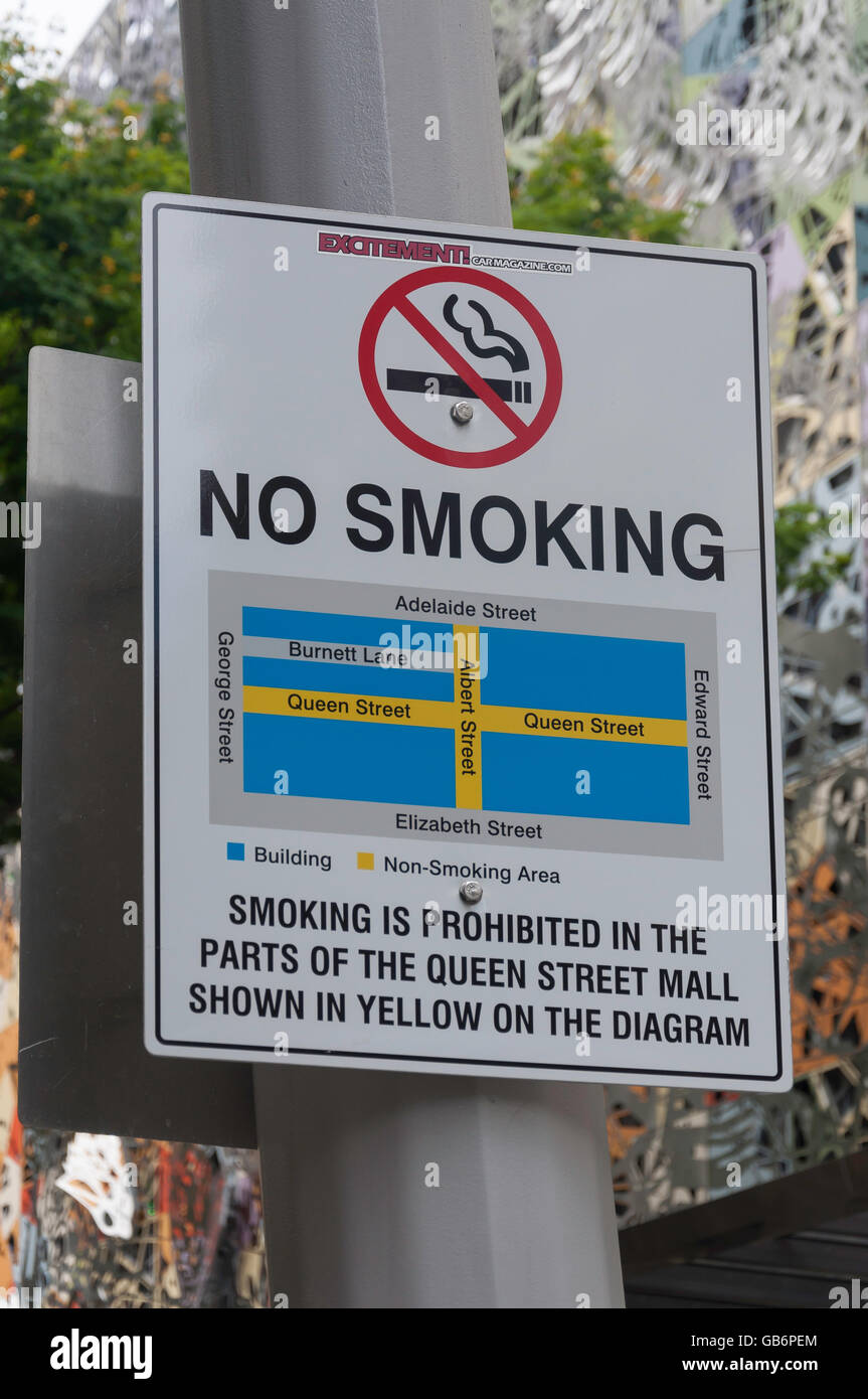 No smoking in street sign, Queen Street Mall, Brisbane City, Brisbane, Queensland, Australia Stock Photo