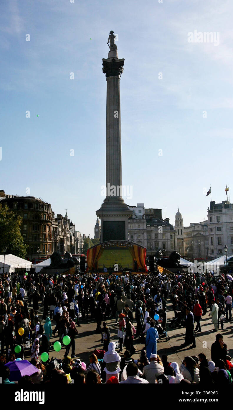 Thousands gather in Trafalgar Square in central London to celebrate Eid ul-Fitr which marks the end of Ramadan. Stock Photo