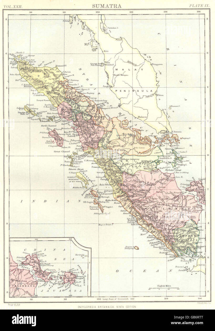 SUMATRA: Indonesia; Inset map of Bangka. Britannica 9th edition, 1898 Stock Photo
