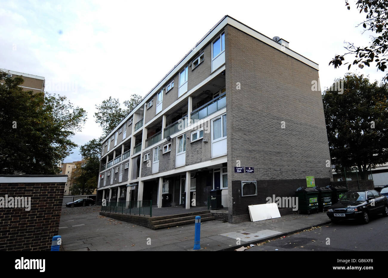 Block of flats in Lynch Walk, Deptford, east London, where a toddler was discovered home alone in a burning house. Stock Photo