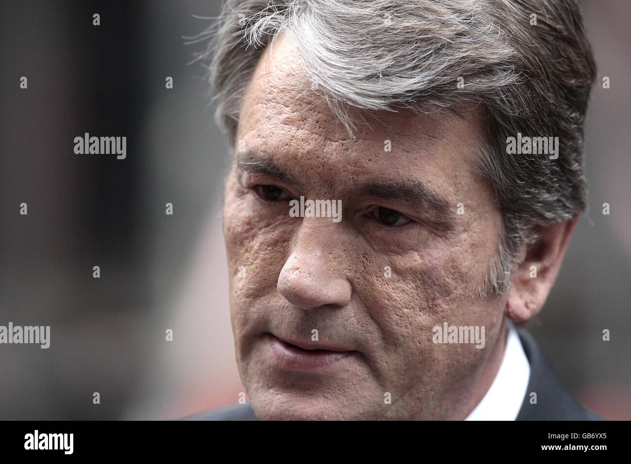 President of Ukraine Viktor Yushchenko speaks to the media as he leaves Downing Street in London after meeting with Prime Minister Gordon Brown. Stock Photo