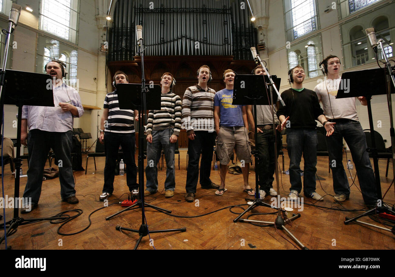 Welsh choir 'Only Men Aloud', who won BBC1's 'Last Choir Standing' competition, during a recording session for their debut album at Air Studios in north London. Stock Photo