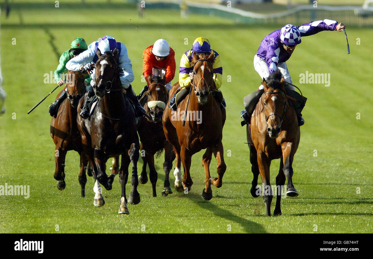 Stimulation ridden by Daryll Holland (right) comes home to win the Victor Chandler Challenge Stakes at Newmarket Racecourse, Suffolk. Stock Photo