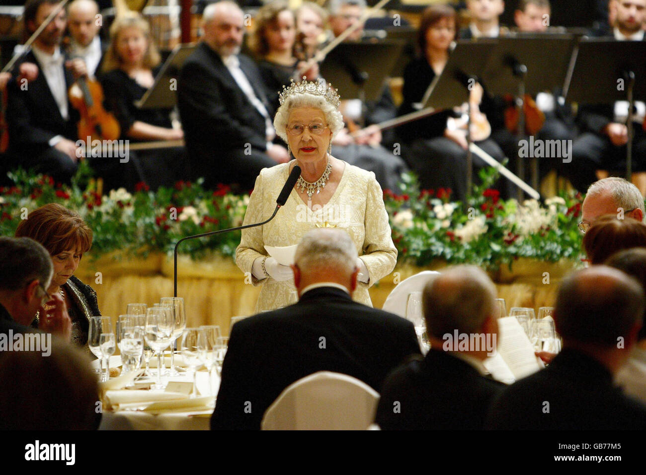 Queen Elizabeth II makes a speech at the Philharmonic Hall in central Bravislava on the first of