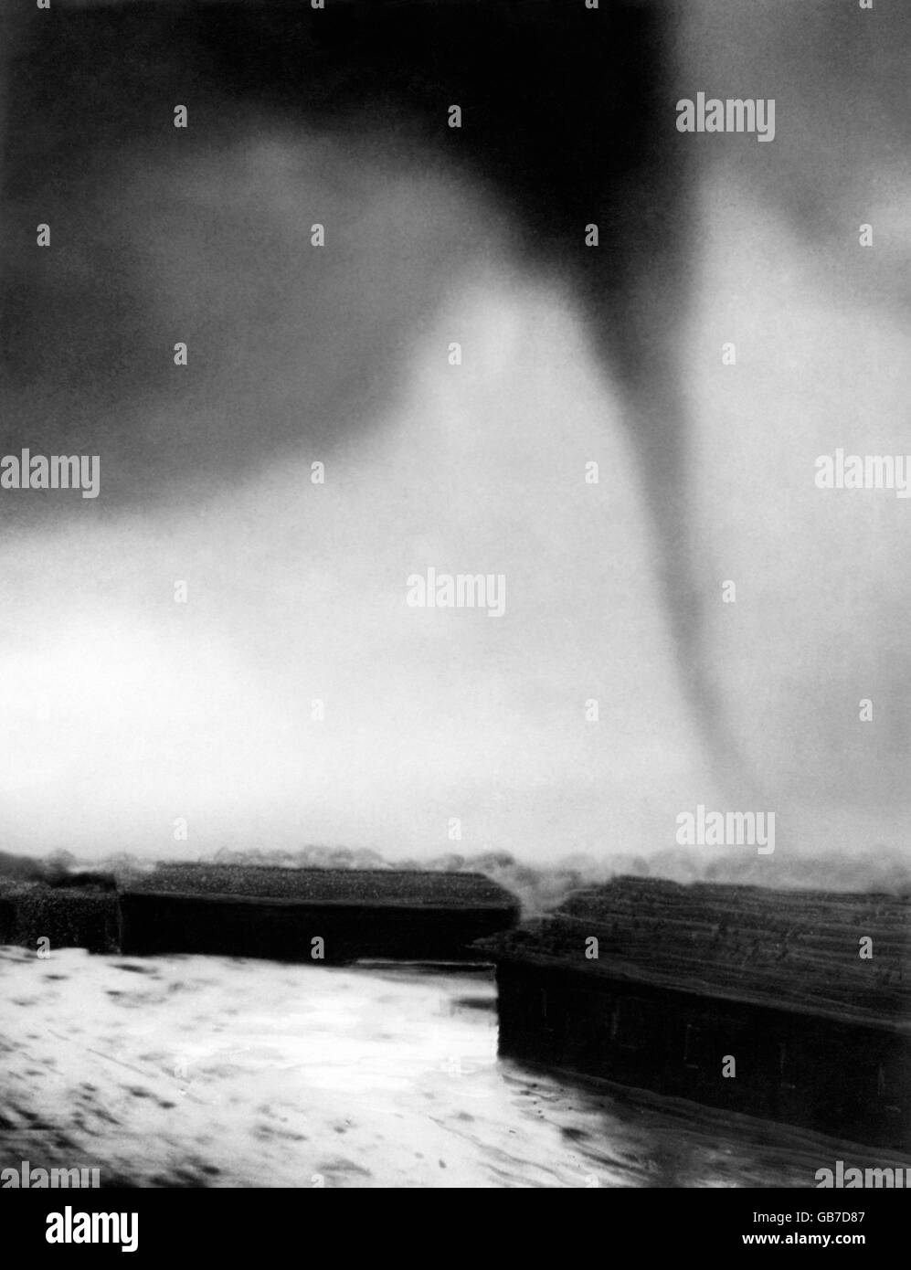 Weather, Tornado, Linslade, 1950. A tornado strikes the village of Linslade, Buckinghamshire. Stock Photo