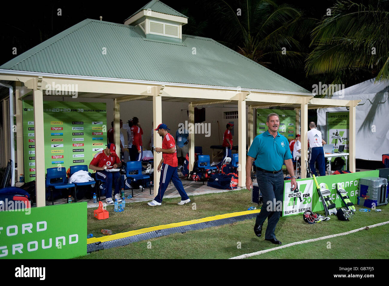 Sir Allen Stanford leaves the England dressing room after there victory against Trinida & Tobago during the Stanford Super Series match at the Stanford Cricket Ground, Coolidge, Antigua. Stock Photo