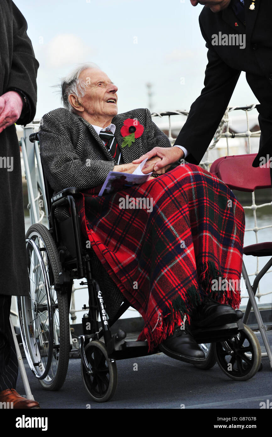 Harry Patch, 110, who is the last survivor of trench warfare on the Western Front arrives to help launch this year's poppy appeal. Stock Photo
