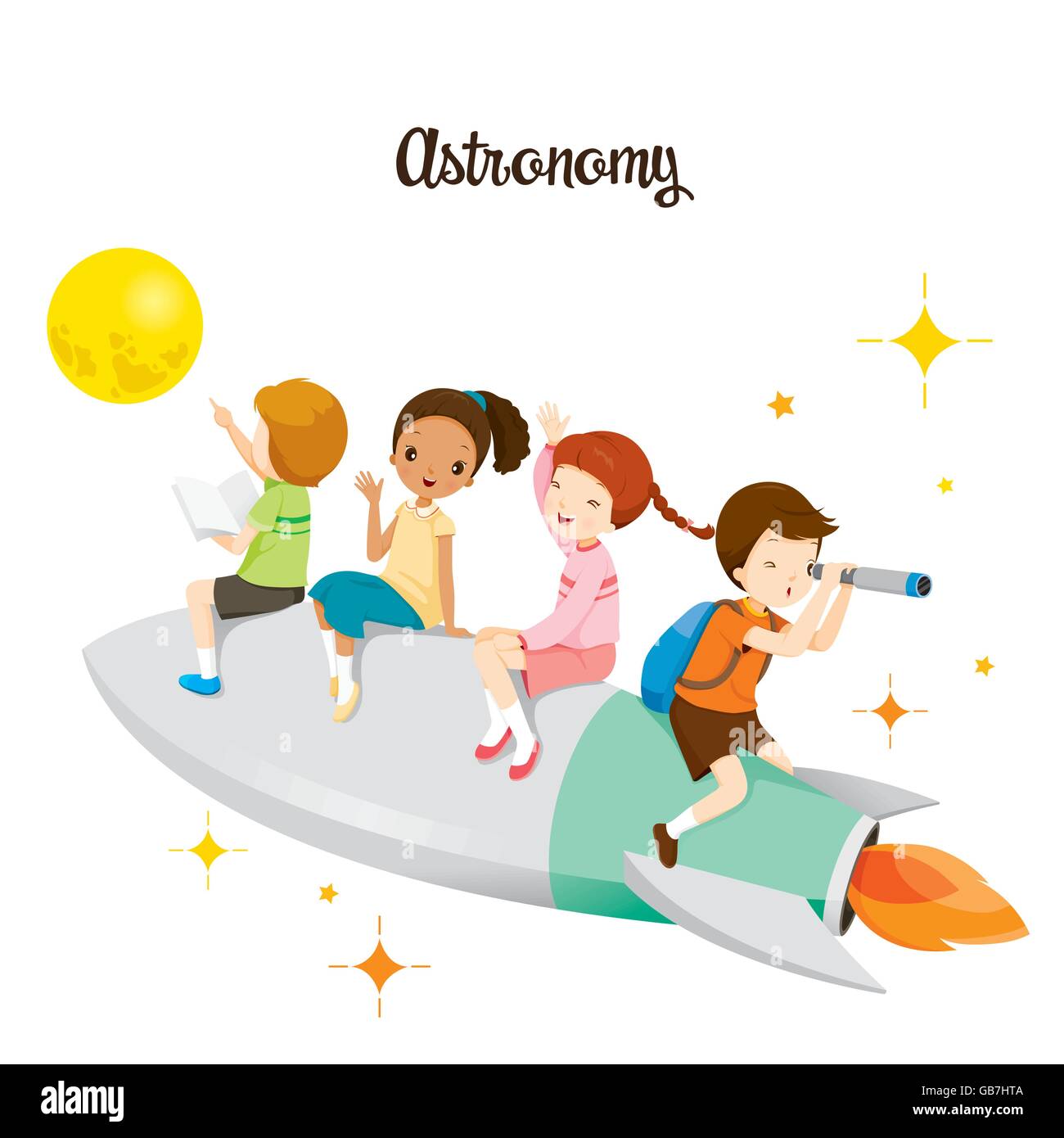 Children Sitting On Rocket, Going To The Moon, Back to school, Educational, Stationery, Book, Subjects, Knowledge, Teaching Aid Stock Vector