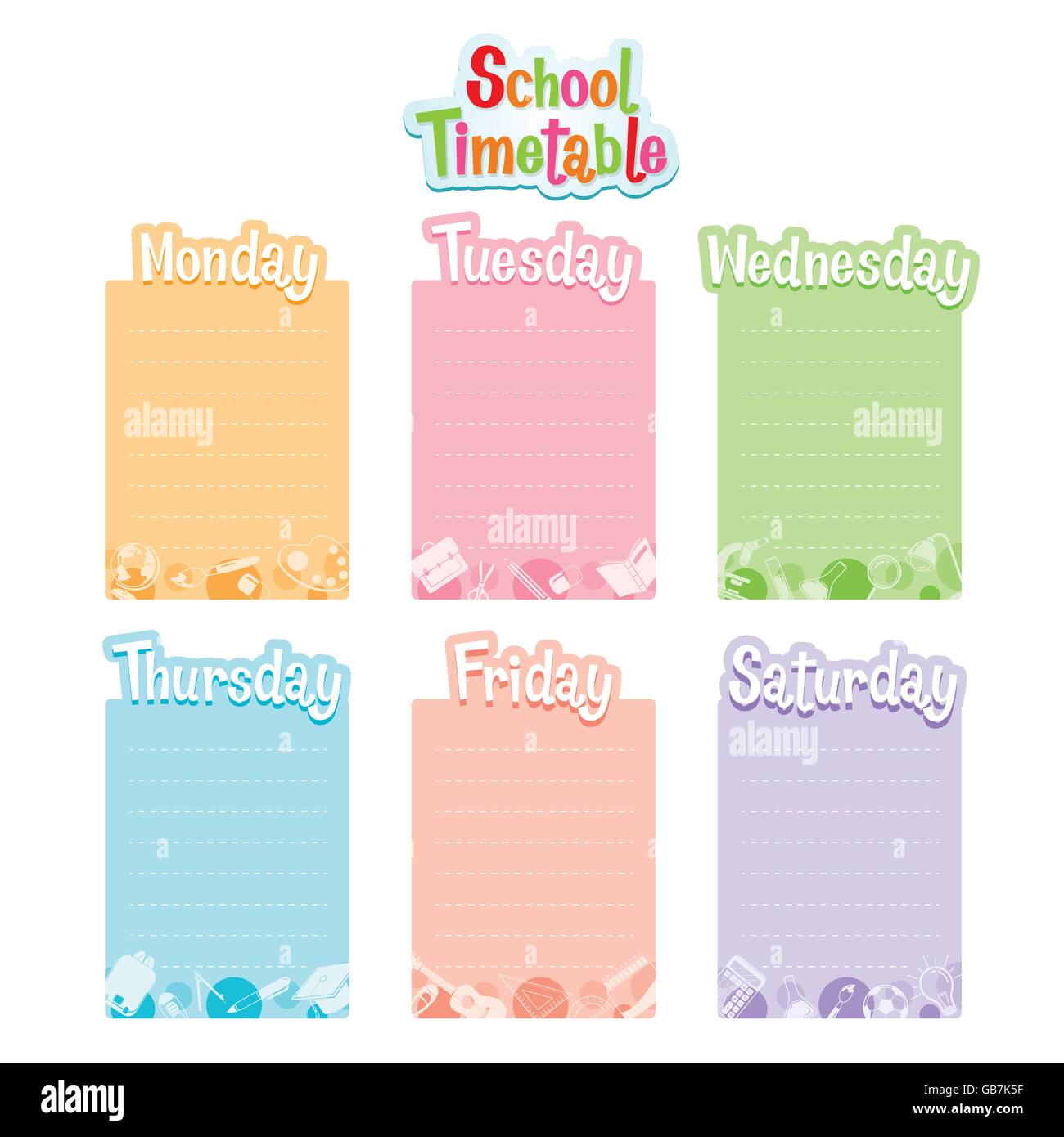 School Timetable, Monday To Saturday, Back to school, Educational, Stationery, Book, Children, Teaching Aid, Objects, Icons Stock Vector