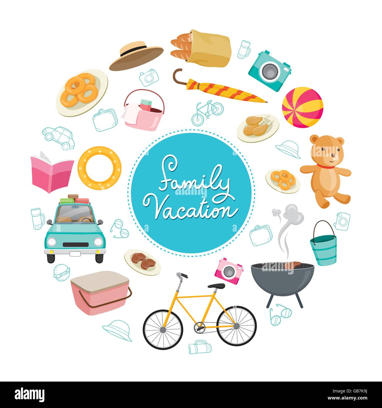 Family Vacation Objects Icons on Round Frame, Holiday, Relationship, Cheerful, Togetherness, Lifestyle Stock Vector