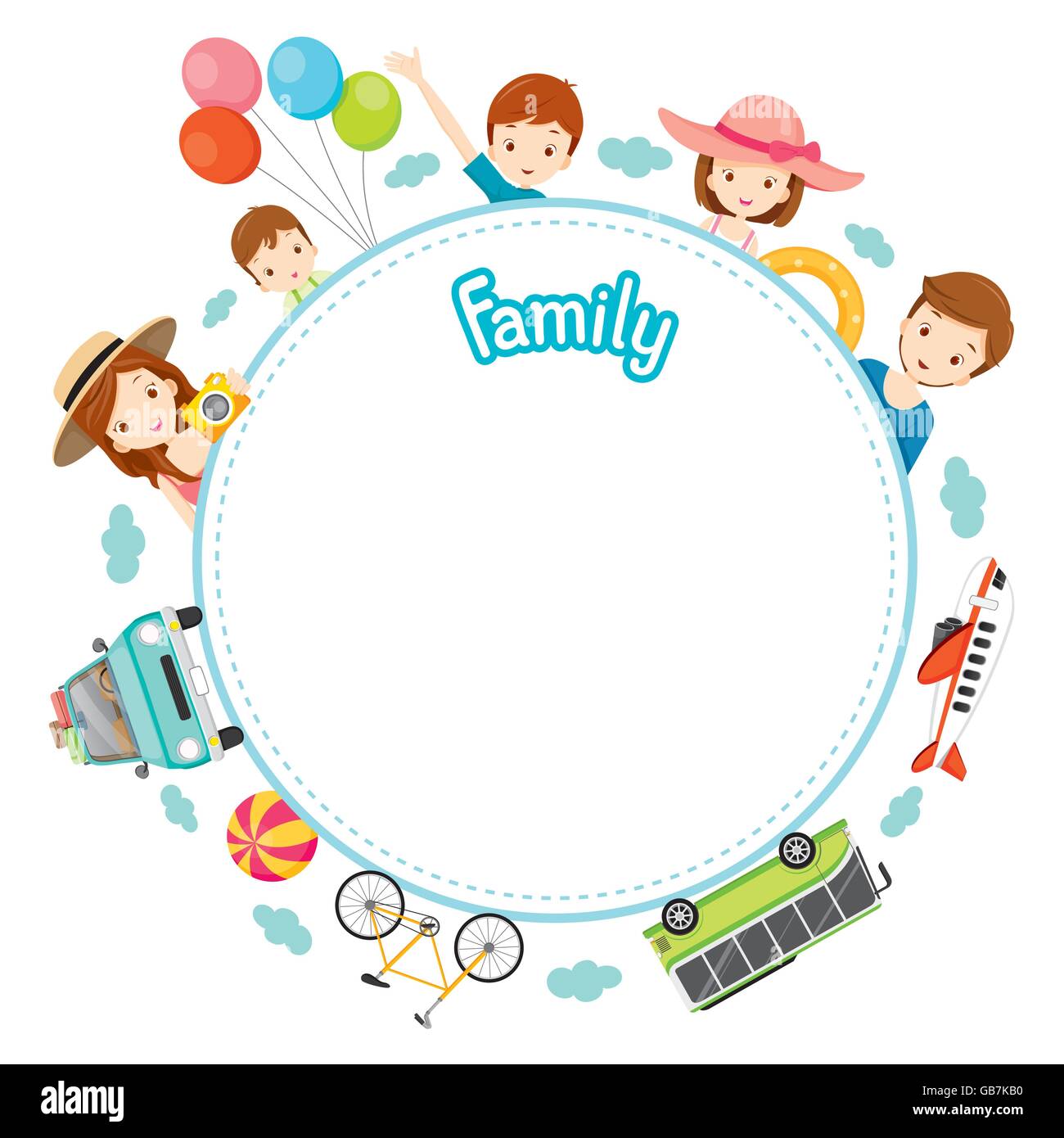 Family Vacation Objects on Round Frame, Vacations, Holiday, Travel Destination, Journey Trips, Transportation Stock Vector