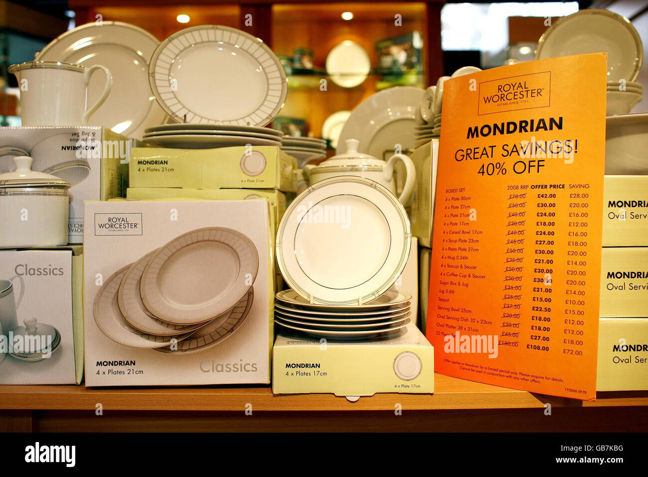 Items on Sale in the Royal Worcester factory shop in Worcester. Workers at the Queen's pottery supplier face an uncertain future today after the company went into administration. Stock Photo