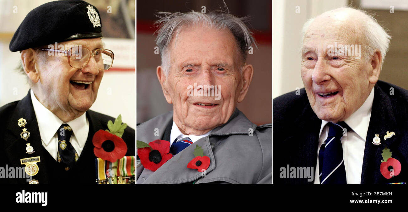 Undated composite of file photos of (left to right) First World War veterans Bill Stone, 108, Harry Patch, 110, and Henry Allingham, 112. Health permitting, they will attend a service at the Cenotaph in central London to commemorate Armistice Day. Stock Photo