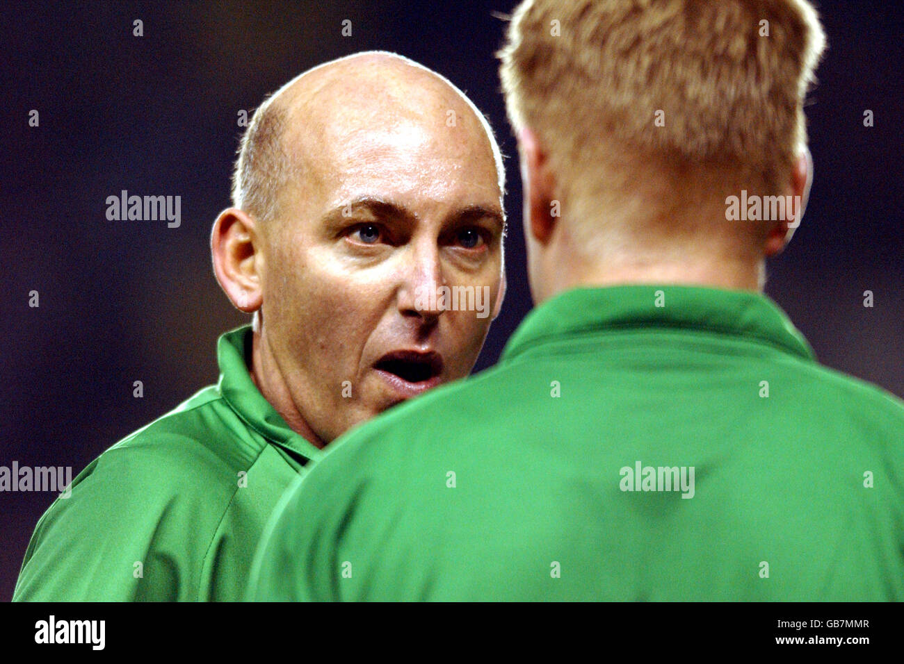 (L-R) Referee Barry Knight has words with his assistant M Cairns Stock Photo
