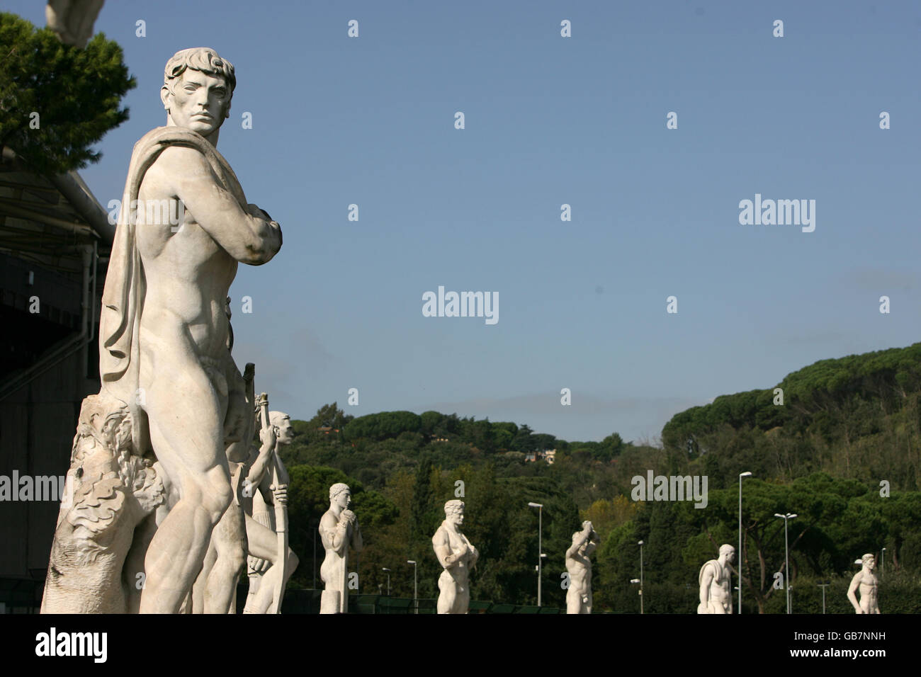A general view of statues outside the Olympic Stadium in Rome, home of ...
