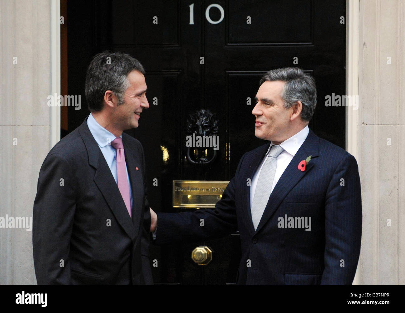 Prime Minister Gordon Brown says goodbye to his Norwegian counterpart Jens Stoltenberg at Downing St following talks. Stock Photo