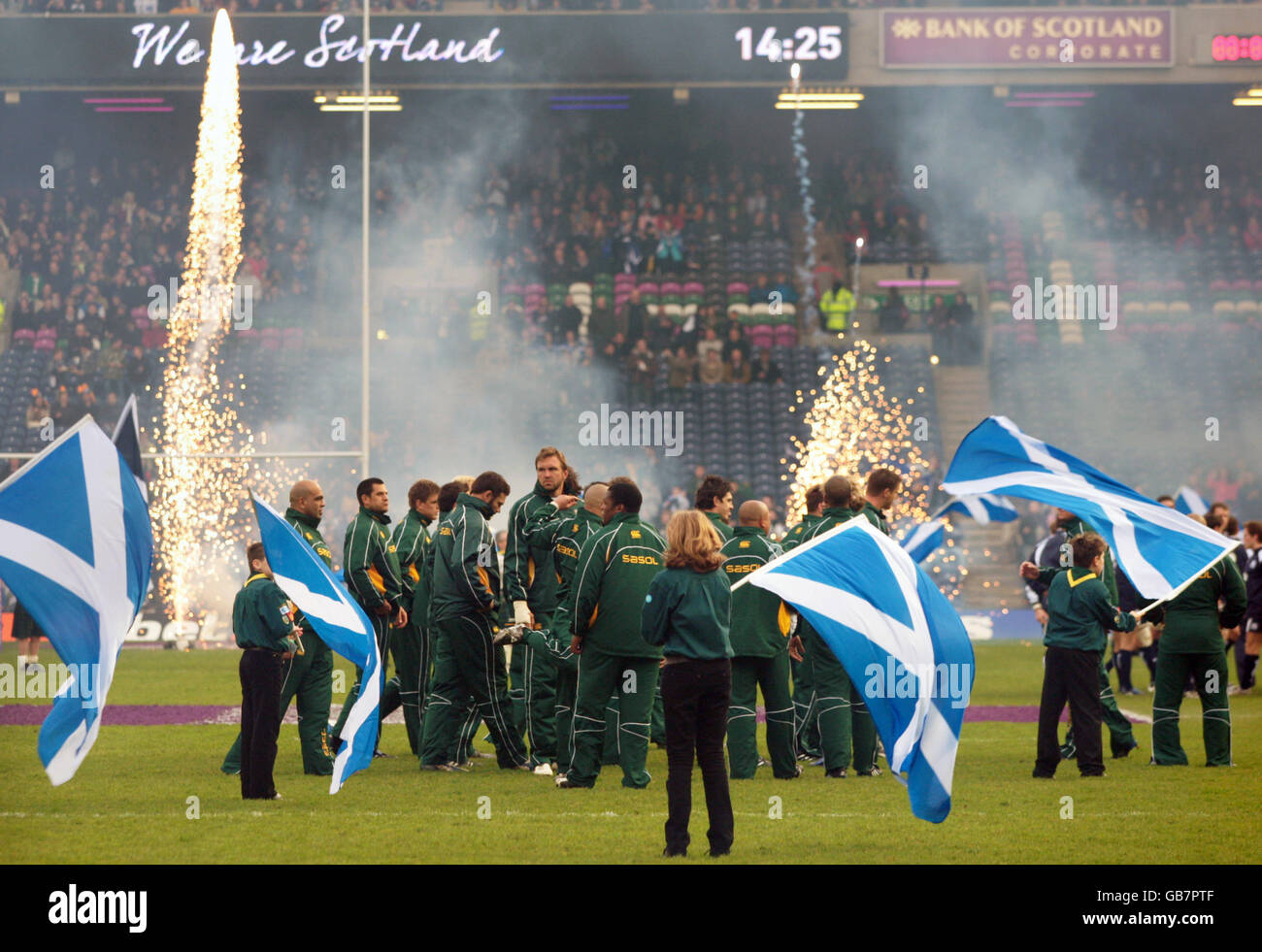Rugby Union - 2008 Bank Of Scotland Corporate Autumn Test - Scotland v South Africa - Murrayfield. Flags are waved as the South Africa team gather on the pitch ahead of the International match at Murrayfield, Edinburgh. Stock Photo