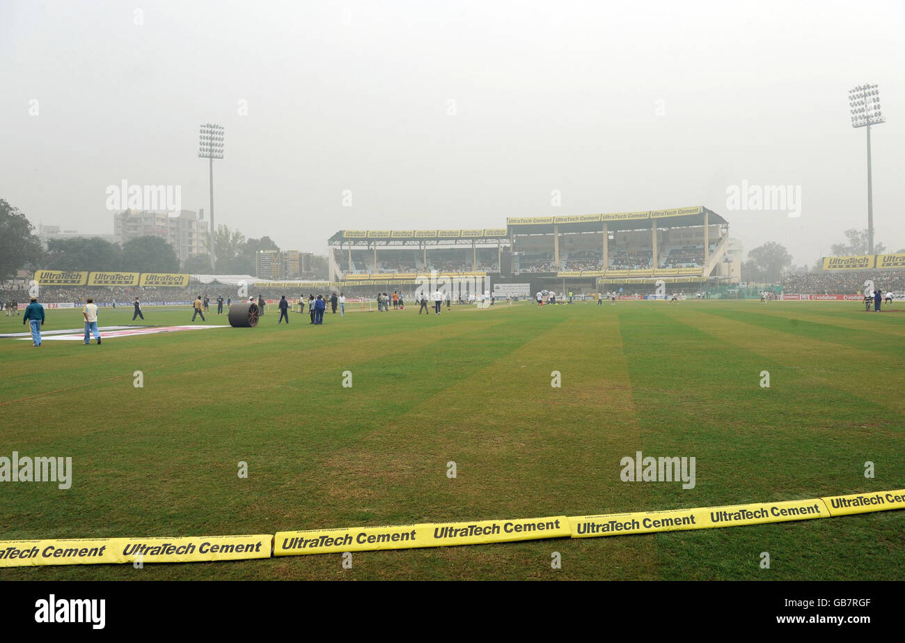 Heavy mist hangs over the ground before the Third One Day International