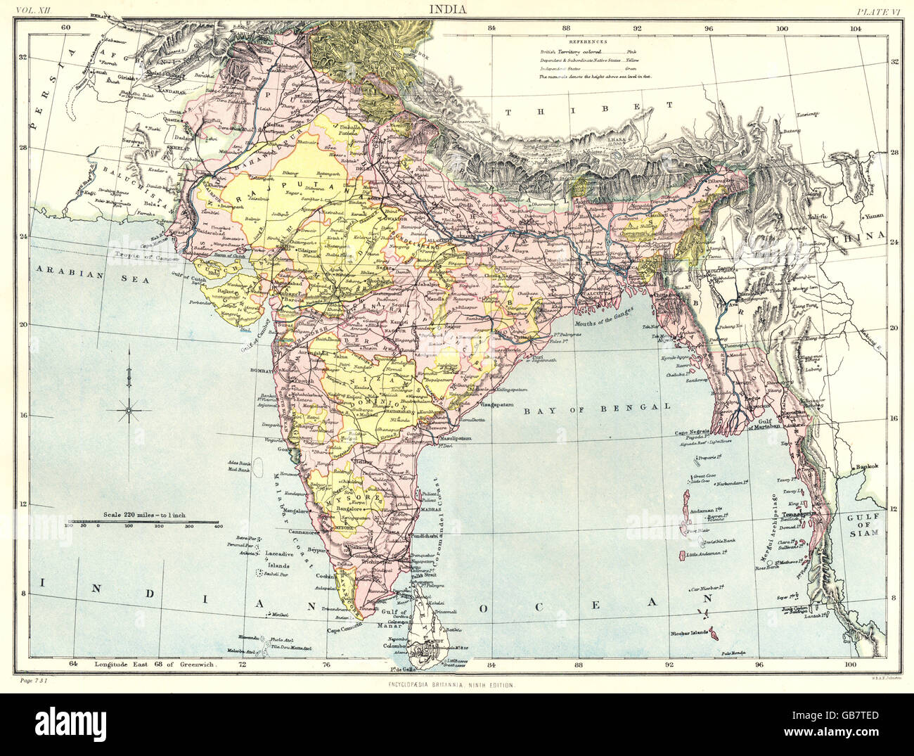 INDIA: Showing British, Native & Independent states. Britannica 9th edi 1898 map Stock Photo