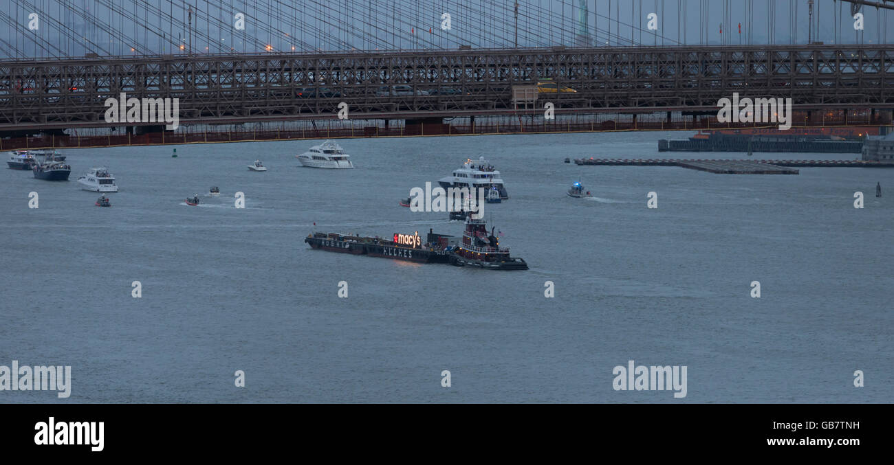 New York, NY USA - July 4, 2016: View of 40th annual Macys 4th of July fireworks barge preparation on East River Stock Photo