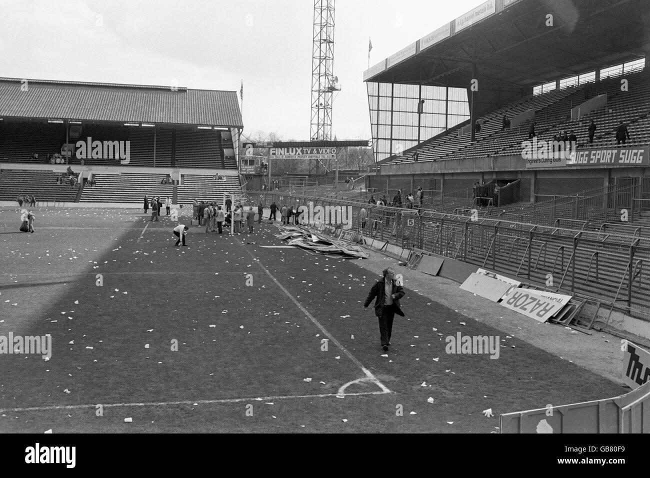 Bent and twisted fencing at Hillsborough in the aftermath of the tragedy. More than 90 people died and 170 injured after over-crowding caused a crush in the stand. Stock Photo