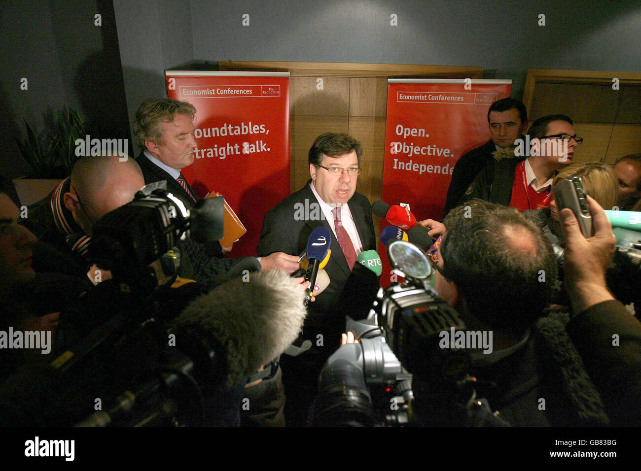 Taoiseach Brian Cowen takes questions from the media after addressing the Economist Conferences' First Business Roundtable at the Conrad Hotel in Dublin today. Stock Photo