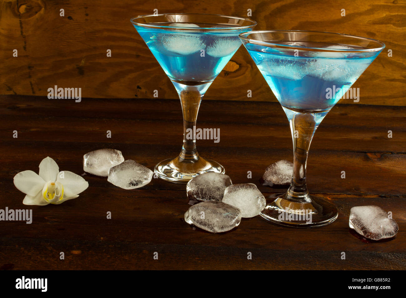 Blue curacao liqueur in a martini glasses. Blue cocktail. Blue