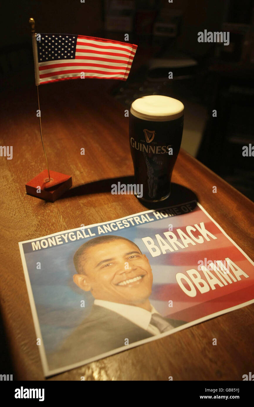 A poster of U.S presidential hopeful Barack Obama, in Ollie Hayes pub, in the small village of Moneygall, in Co. Offaly, Obama's ancestral home, discovered through church records. Stock Photo