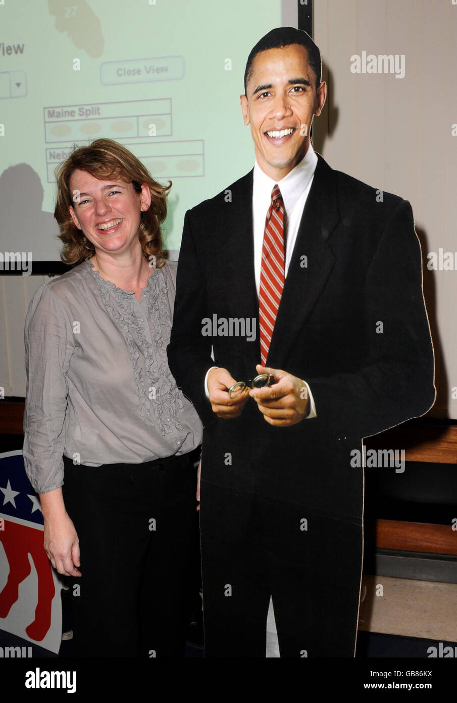 Labour MP Ruth Kelly poses with a cardboard cutout of Democratic presidential candidate Barack Obama during the US Embassy Presidential Election Party at the American Embassy in Grosvenor Square, central London. Stock Photo