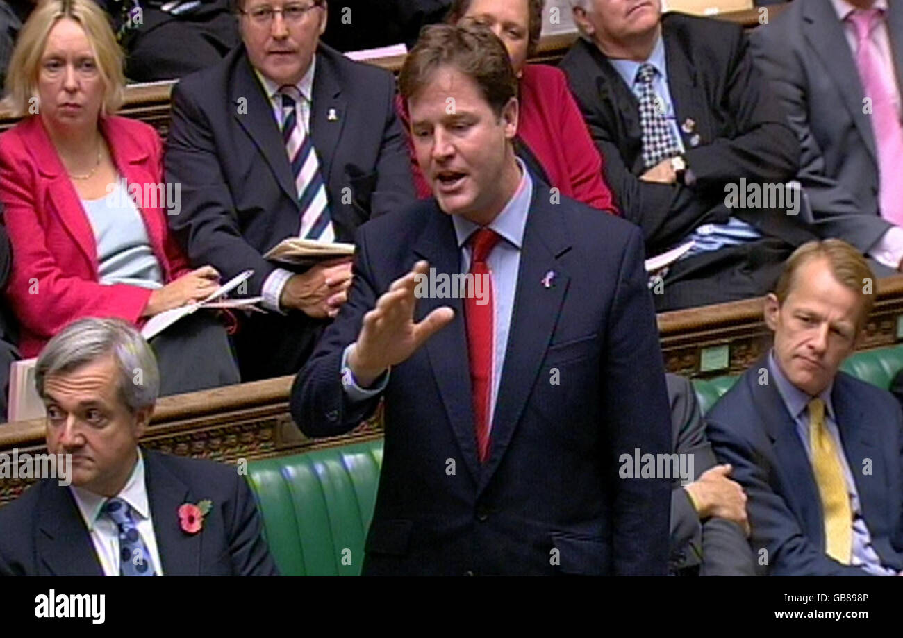 Liberal Democrat party leader Nick Clegg speaks during Prime Ministers Question's at the House of Commons, London. Stock Photo