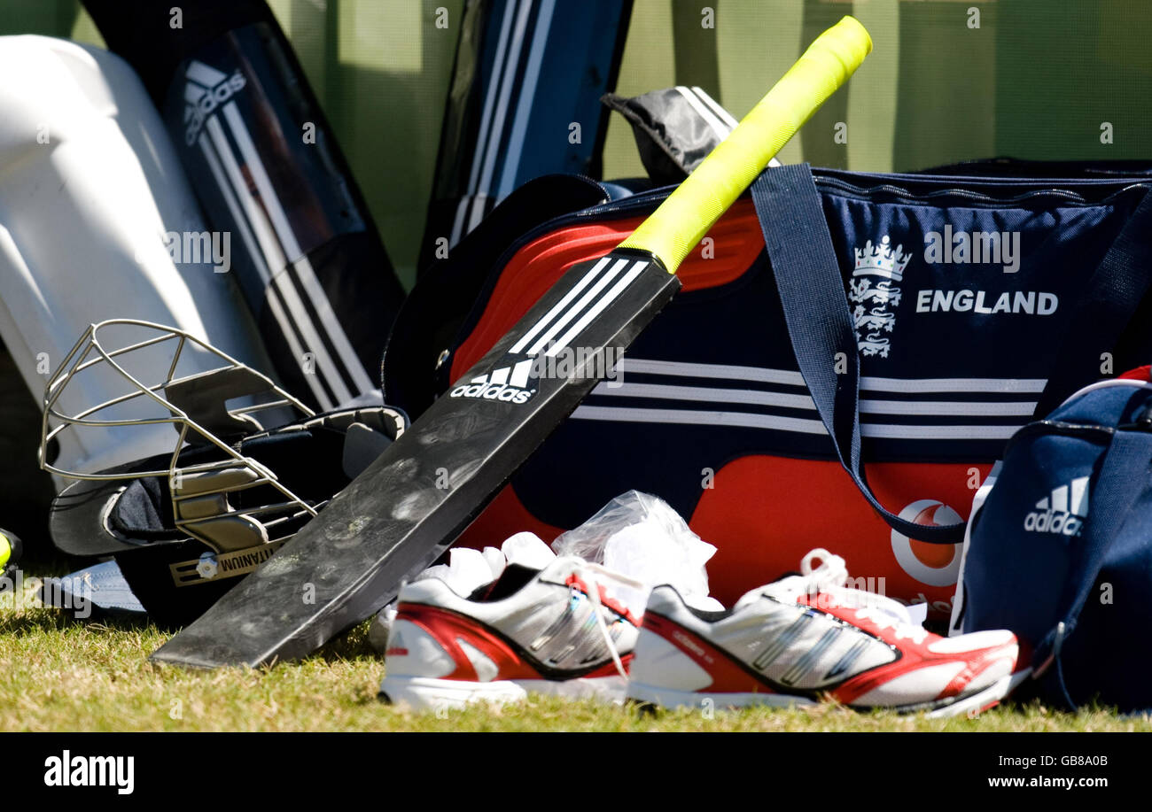 England captain Kevin Pietersen's kit with his 'Black Bat' during a nets session at Stanford Cricket Ground, Coolidge, Antigua. Stock Photo