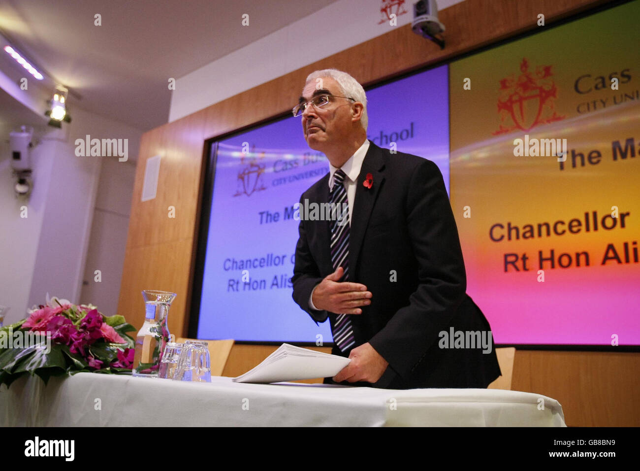 Chancellor Alistair Darling delivers the annual Mais lecture at the Cass Business School in the City of London. Stock Photo