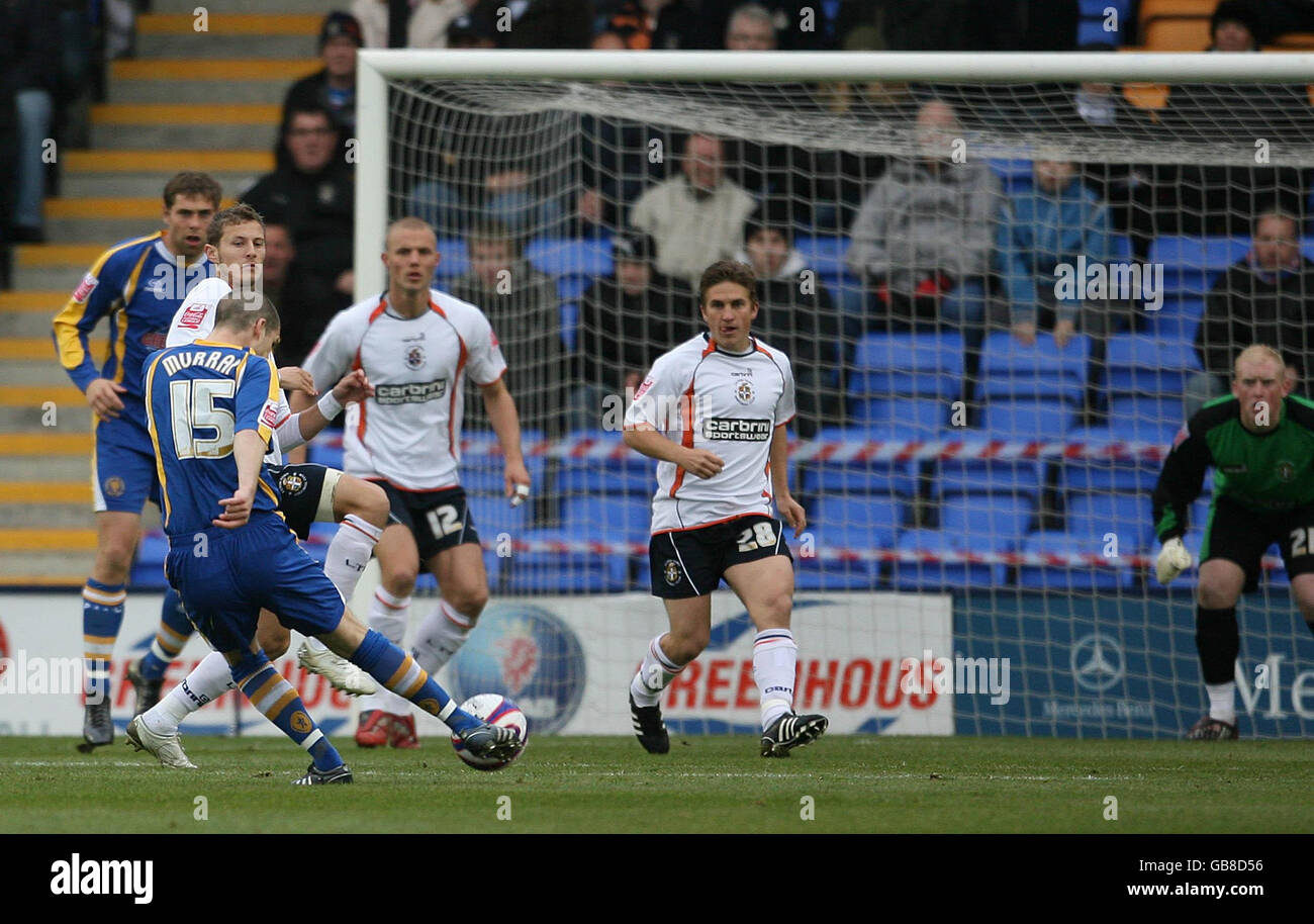Shrewsbury Town's Paul Murray fires in Shrewsbury's first goal during the Coca-Cola League Two match at New Meadow, Shrewsbury. Stock Photo