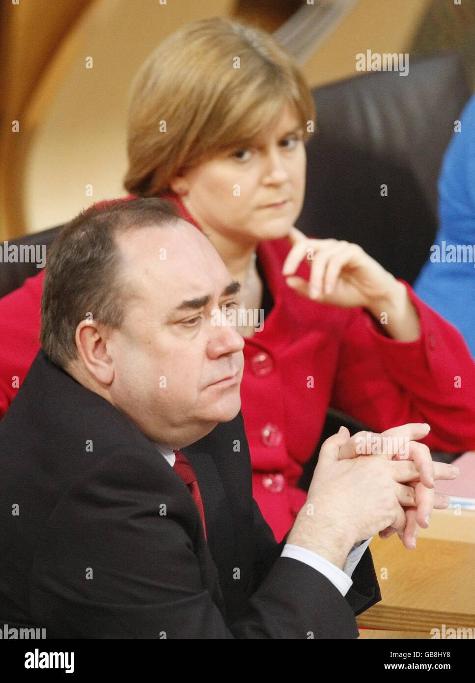Scottish First Minister Alex Salmond with deputy SNP leader Nicola Sturgeon during First Minister's Question Time, at the Scottish Parliament, Edinburgh. Stock Photo