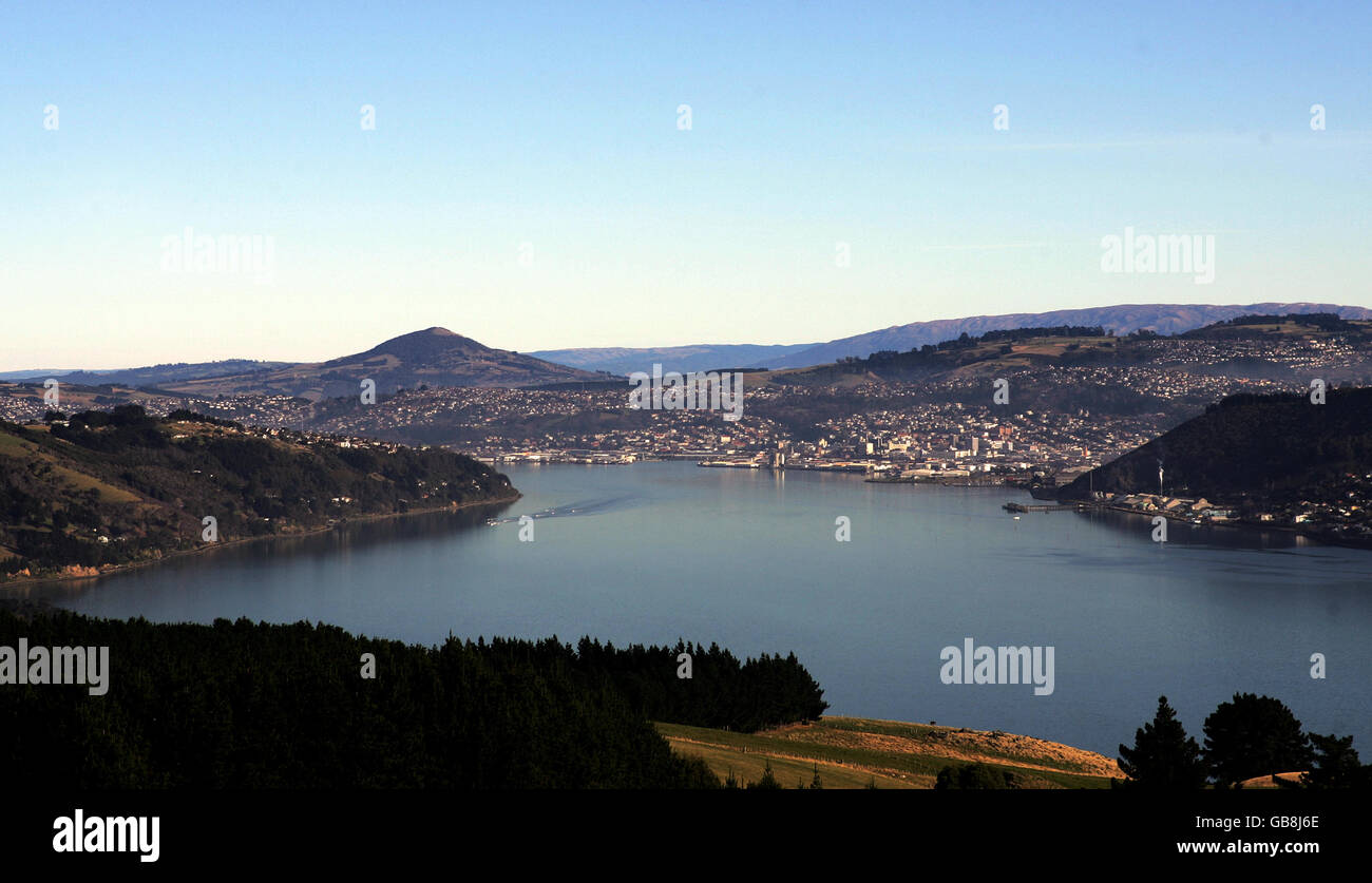 The city of Dunedin sits at the end of the Otago Peninsular on the South Island of New Zealand Stock Photo