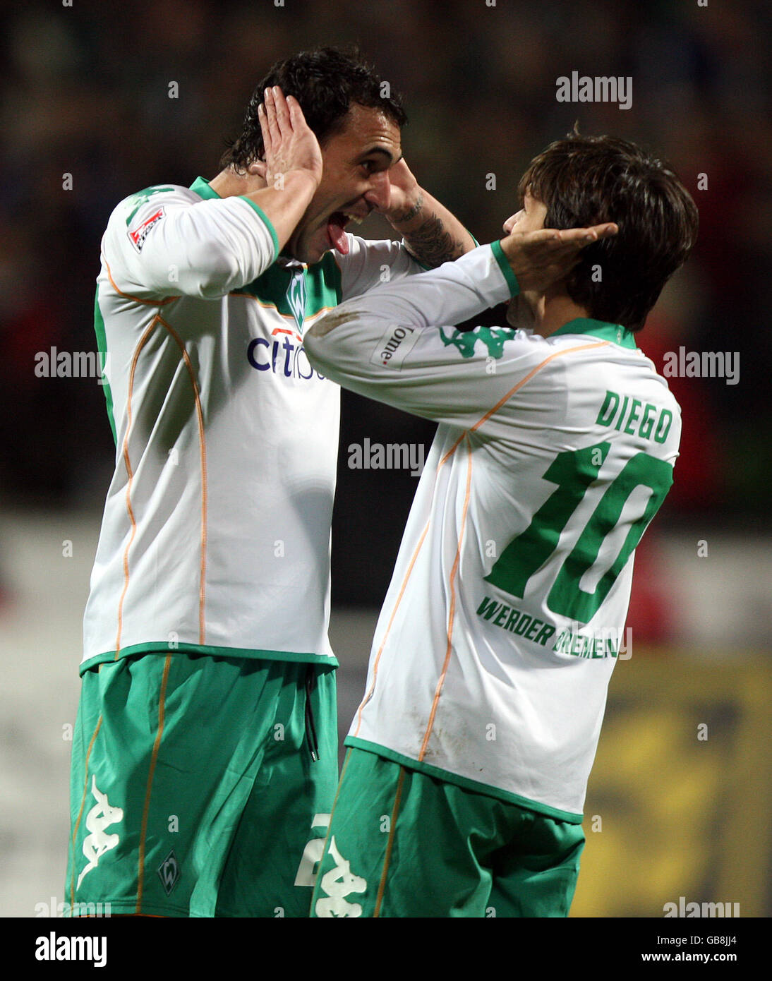 Soccer - German Bundesliga - SV Werder Bremen v FC Koln - Weserstadion. Werder Bremen's Hugo Almeida celebrates his goal with Diego after scoring the 3rd goal Stock Photo